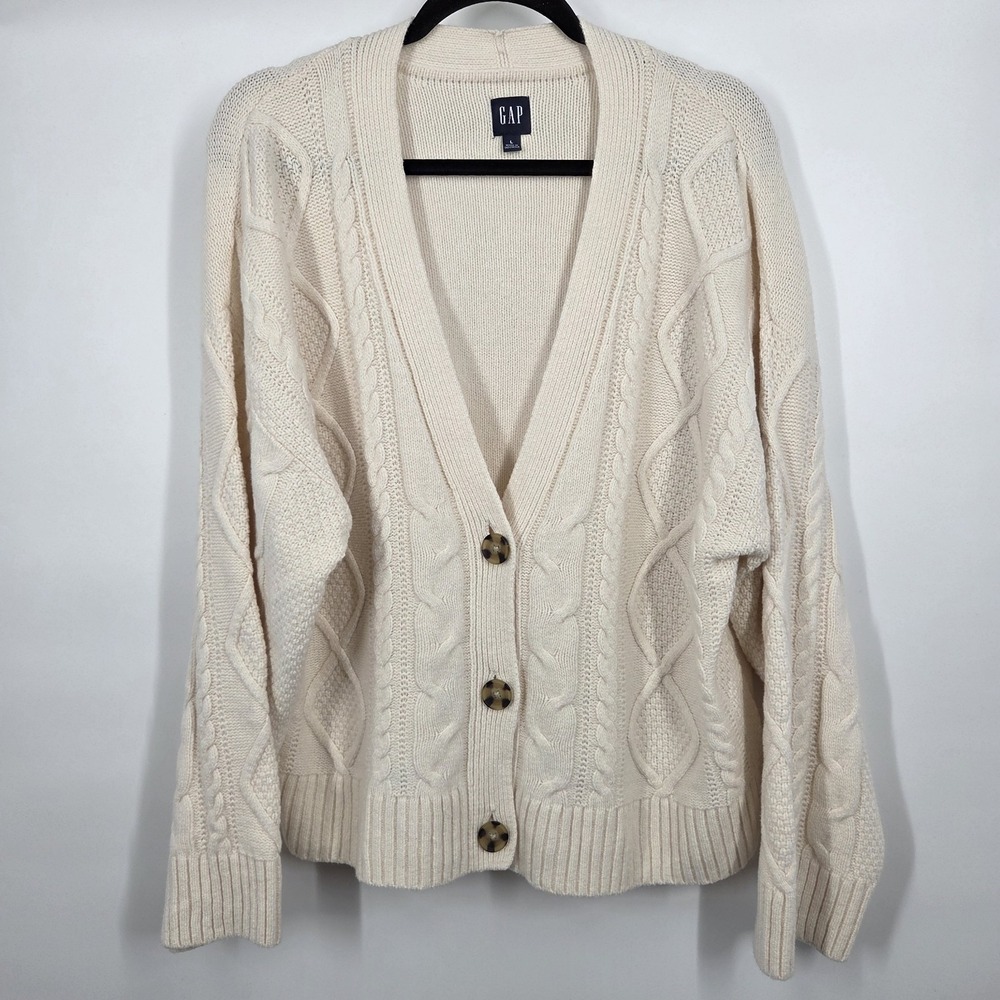 Gap Chunky Fisherman Cardigan Size L Cream Cotton Wool Blnd Preppy Academic